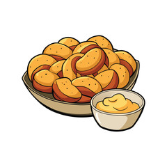 Delicious baked soft pretzel bites served with a creamy cheese dip on a clean white background