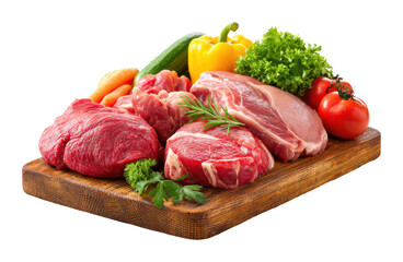 Fresh meat and vegetables on wooden cutting board kitchen environment isolated on transparent background