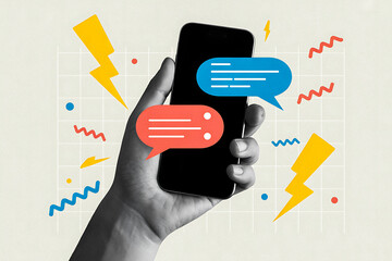 Mobile Messaging Illustration – Smartphone with Red and Blue Speech Bubbles and Abstract Communication Graphics
