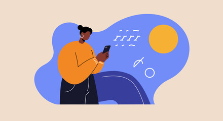 Modern person using a smartphone for communication and digital interaction in an abstract, vibrant setting. Ideal for technology, social media, and online lifestyle concepts.