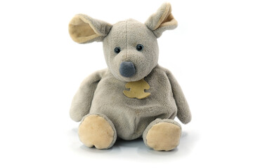 Soft plush toy in the shape of a gray mouse, photographed on a clean white background