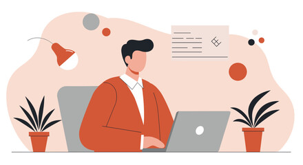 Dedicated professional working remotely on a laptop in a stylized home office. Represents productivity, online business, and digital lifestyle.