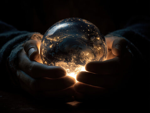 Holding the World: Earth-like Orb in Hands, Illuminated Against Darkness