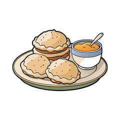 Delicious biscuits and savory gravy with a spicy peppered sauce presented on a clean white background