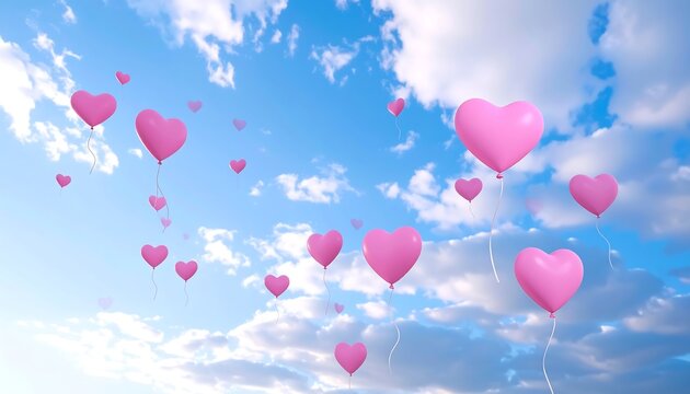 Pink heart balloons float in a vibrant sky - Powered by Adobe