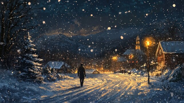 Snowy winter village night scene