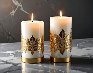 Two elegant, cylindrical candles with gold leaf accents on a marble surface