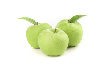 Fresh Green Apples with Leaves on White Background - Healthy Fruit Display