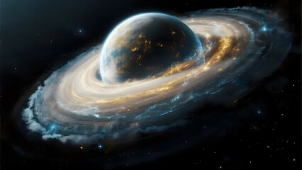 Obraz premium Planet with Illuminated Rings in Space