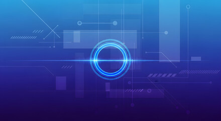 Futuristic digital technology background featuring a glowing blue circular hub and abstract geometric interface elements