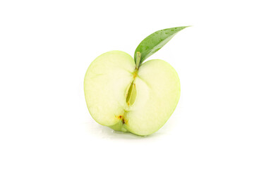 Fresh Green Apple Half with Leaf Isolated on White Background - Healthy Organic Fruit