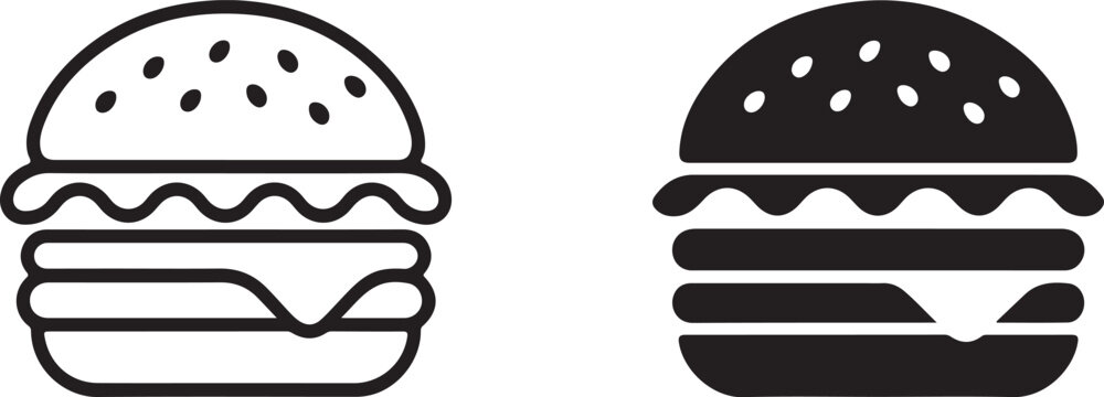 Black and White Hamburger Icons Two Styles Outline and Solid Food Illustration fast food