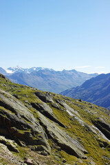 The view opening from the high hiking way from Tiefenbach glacier to Vent in Oetztal valley in the Austrian Alps 