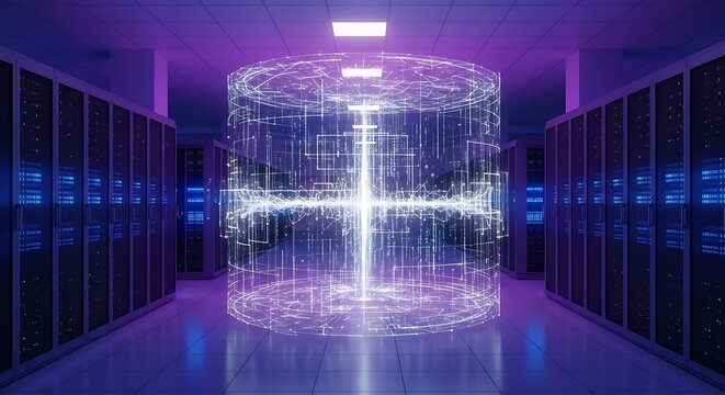 Futuristic Data Center with Holographic Core and Server Racks.