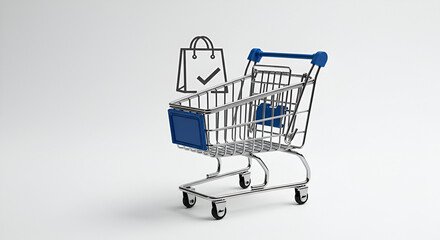 Blue and silver supermarket trolley isolated on white with a purchase symbol