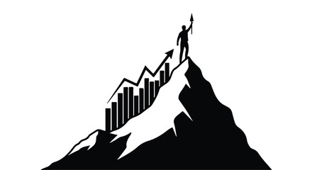 Silhouette of a determined person reaching the summit of a mountain, symbolizing achievement and success.