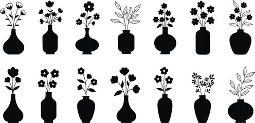 Set of Black Flower Vase Silhouettes, Decorative Floral Icons in Minimal Style for Home Decor, Botany Art, and Interior Design