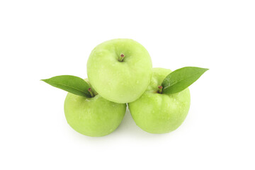 Fresh Green Shaanxi Apples with Leaves on White Background