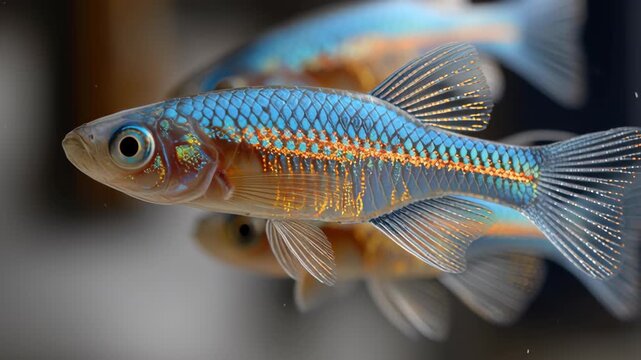 Iridescent blue and orange freshwater killifish with gold stripe and translucent fins swimming gracefully aquarium light