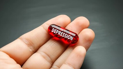 Red capsule labeled depression in a hand conveying mental health awareness and the importance of seeking help