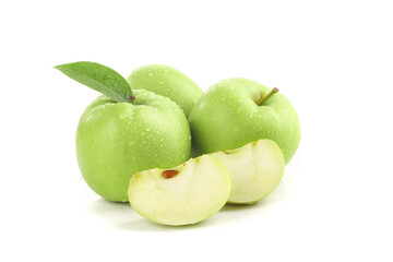 Fresh Green Apples from Shaanxi Province with Slice and Leaf on White Background
