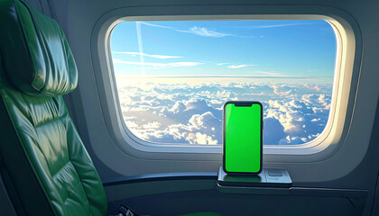 Naklejka premium Smartphone with green screen on airplane window seat overlooking clouds