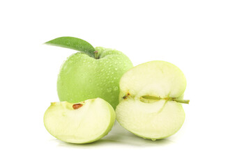 Fresh Green Apples with Slices and Water Drops on White Background