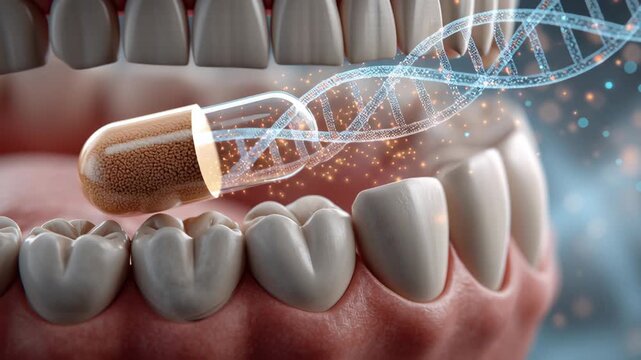 Futuristic capsule delivering oral medicine and gene therapy to tooth gum with glowing DNA strand promoting probiotic tooth