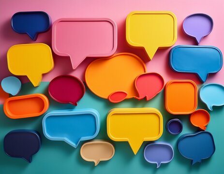 colorful speech bubbles of various shapes and sizes against a bright minimalist background representing modern digital interaction
