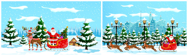Santa Claus riding a sleigh pulled by reindeer carrying gifts. Christmas winter landscape with city buildings and snow for greeting card.