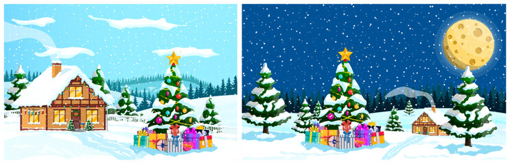 Winter christmas village landscape with decorated house and tree. Merry Christmas and Happy New Year holiday background illustration.