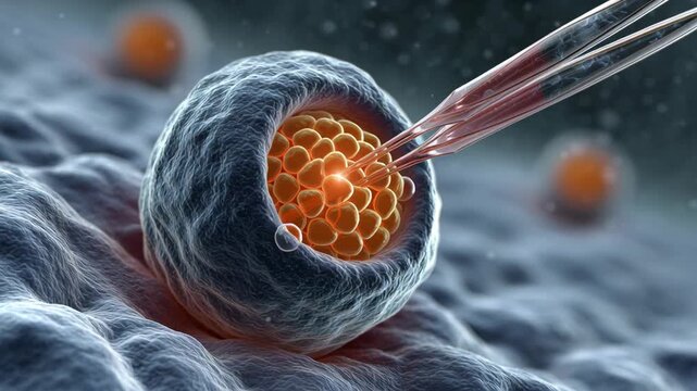 Synthetic Biology concept, microscopic cell injection embryo manipulation lab pipette cellular structure ovum medical research