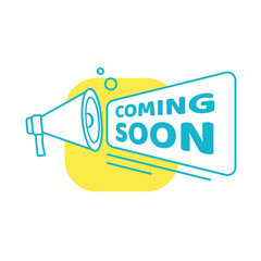 Loudspeaker projects coming soon text inside skewed frame, playful modern vector for launch teaser, website header, marketing