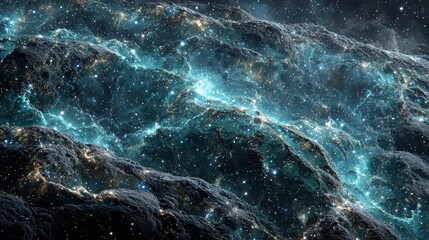 Cosmic scene of glowing celestial ribbons and particles orbiting radiant energy cores with jewel-like nebula highlights