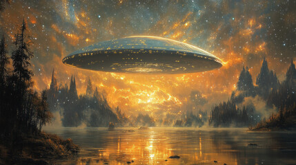 Silver Spaceship Hovering Over a Misty Lake at Sunset Under a Starry Sky