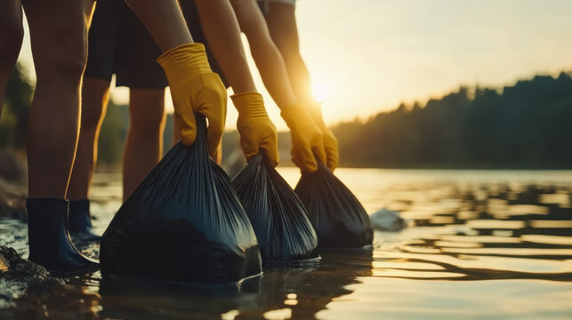Community members participate in a river cleanup event at sunset to preserve the environment