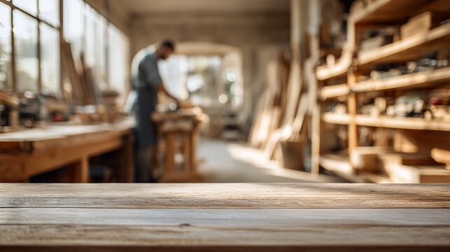 woodworking workshop empty wooden table surface with blurred carpentry workspace background tools storage shelves