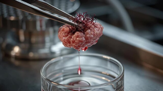 Synthetic Biology concept, Lab organ tissue sample held with forceps over petri dish laboratory culture with blood dripping into