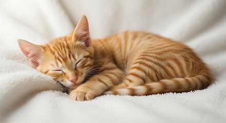 Fototapeta premium Ginger Tabby Kitten Sleeping Peacefully on White Blanket.