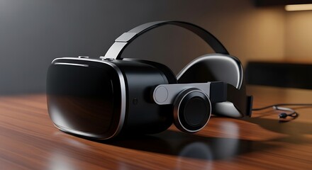 Virtual Reality Headset on Wooden Table - Immersive Technology.