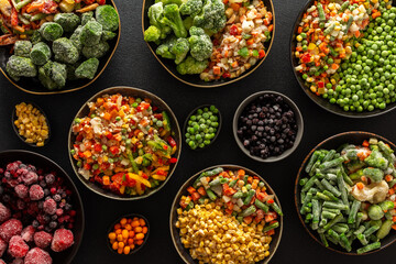 A variety of frozen vegetables and fruits arranged in plates, set against a dark background, capturing the essence of summer preservation for winter meals