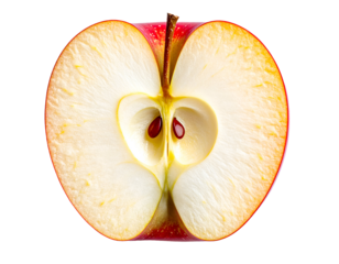 Red apple half cross-section with core and glossy seeds, crisp white flesh and stem detail on isolated background