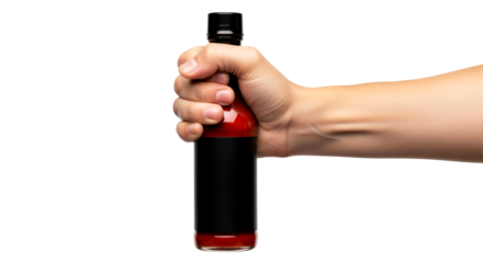 a fiery invitation hand offering a bottle of hot sauce, a taste of bold adventure, isolated on transparent background