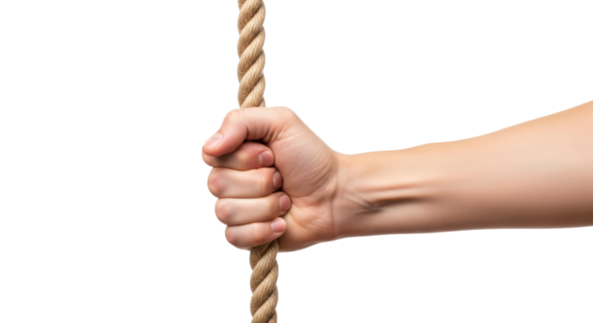 a determined hand grips sturdy rope resilience, strength, and unwavering resolve, isolated on transparent background