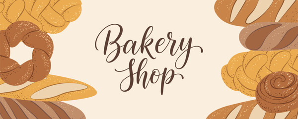 Bakery shop banner with bread and pastries, perfect for store branding or promotions.