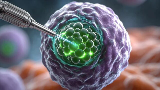 Synthetic Biology concept, Stem cell injection into embryonic cell cluster microscope with medical needle and glowing nucleus