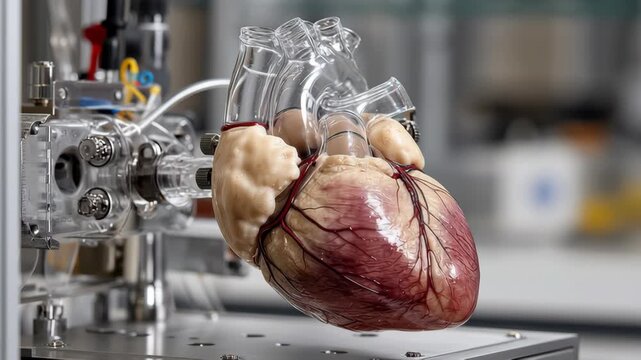 Synthetic Biology concept, Human heart connected to artificial heart support and medical device showing ventricular anatomy