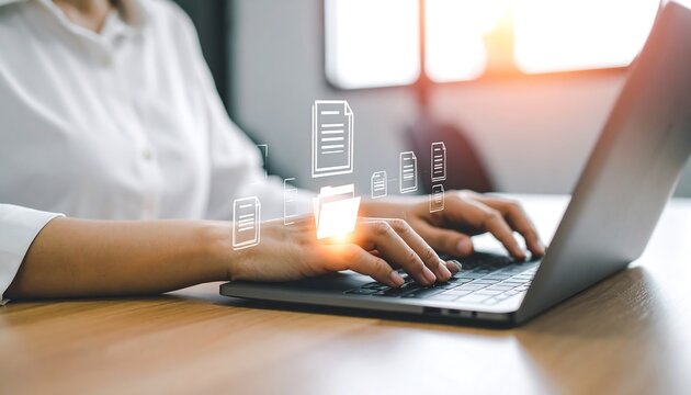 Woman working on laptop, document icons overlay