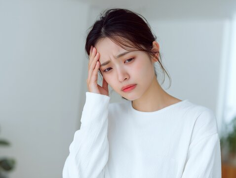 頭痛に悩む表情の日本人女性が手でこめかみを押さえる姿