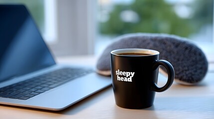 A peaceful morning scene with a black coffee mug and a laptop on a desk, set against a window with a serene outdoor view, creating a cozy and productive workspace.